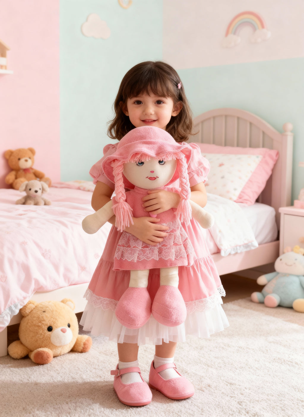 Poupée douce “Léonie” en tissu rose