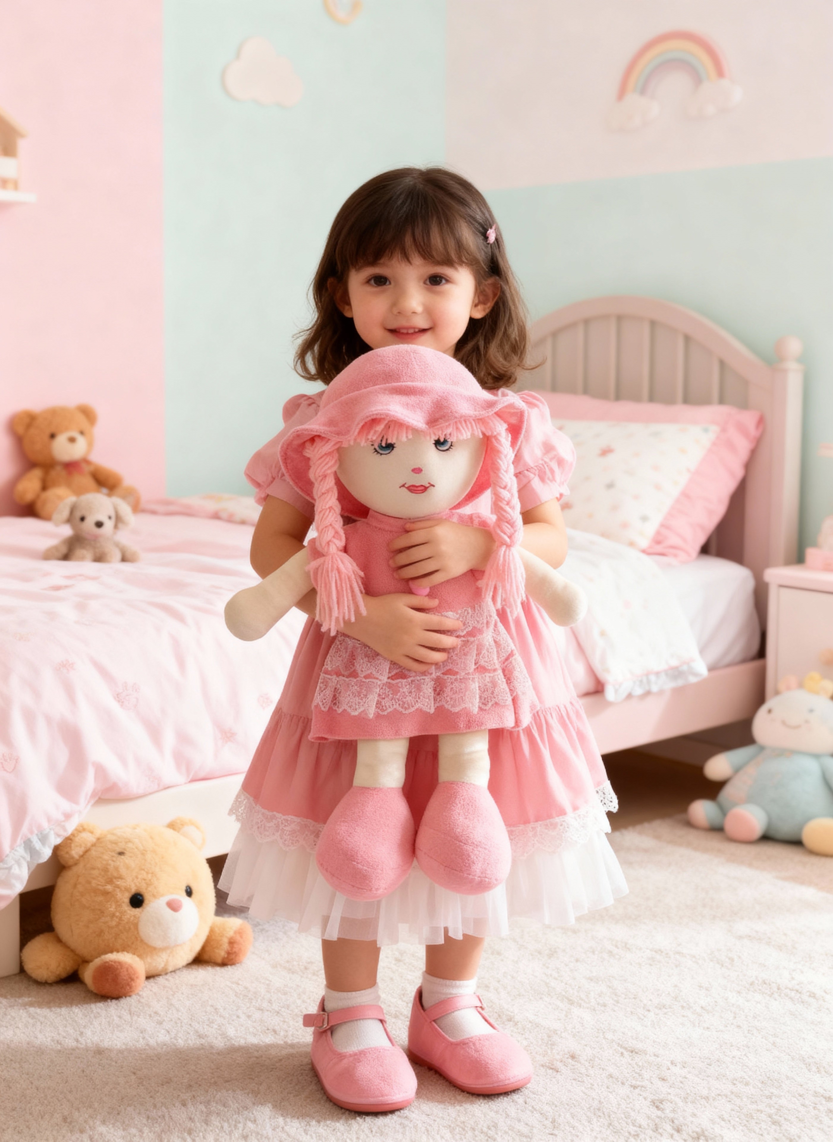 Poupée douce “Léonie” en tissu rose