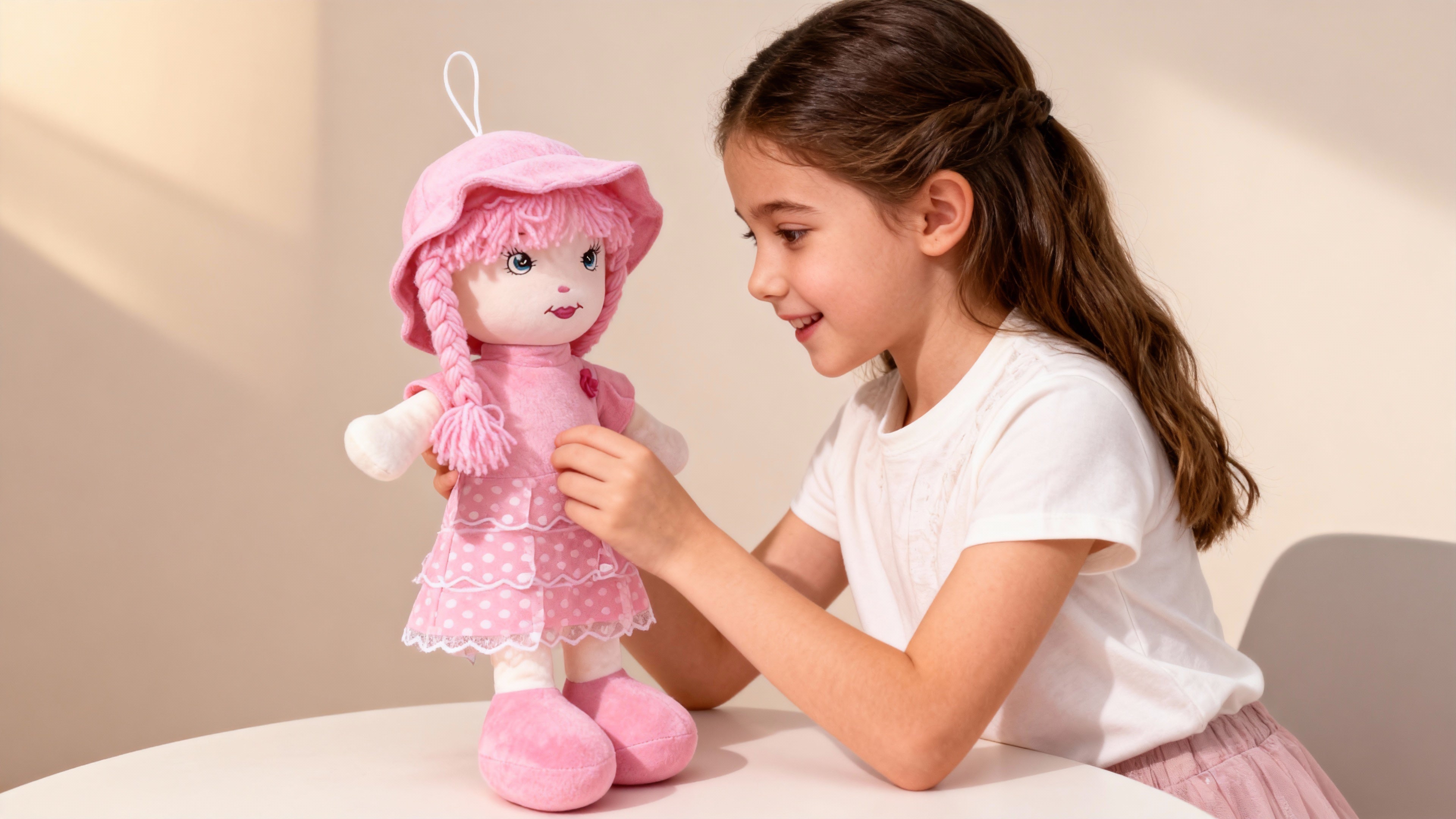 Poupée douce “Léonie” en tissu rose