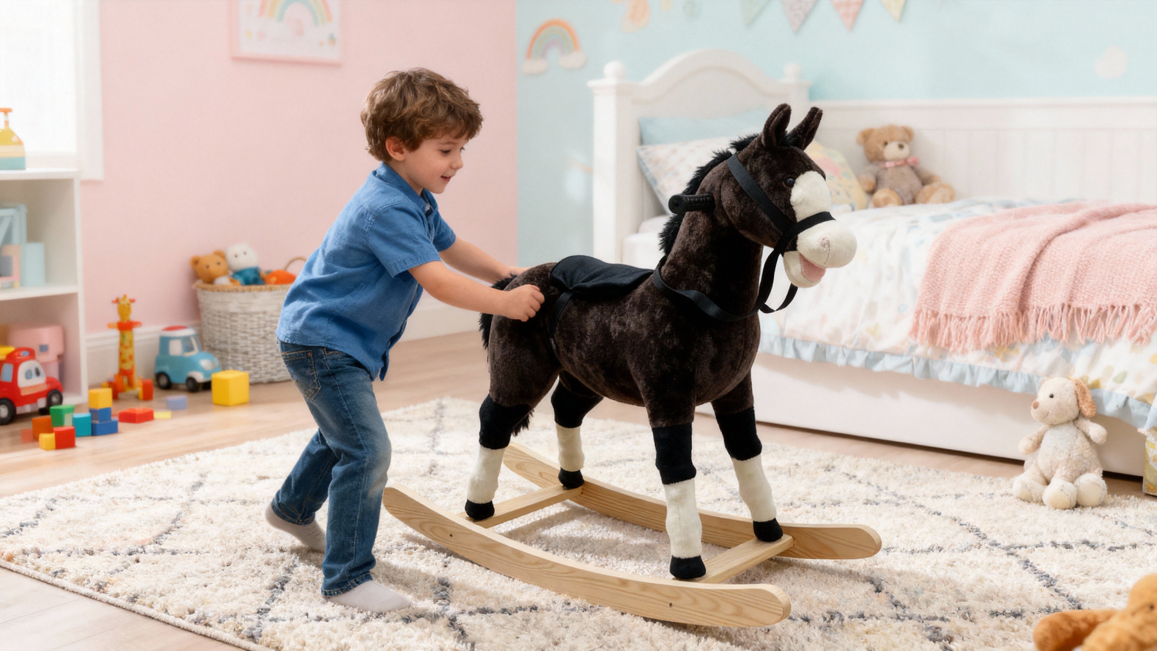 Cheval à bascule “Teddy” – Compagnon de jeu en peluche douce