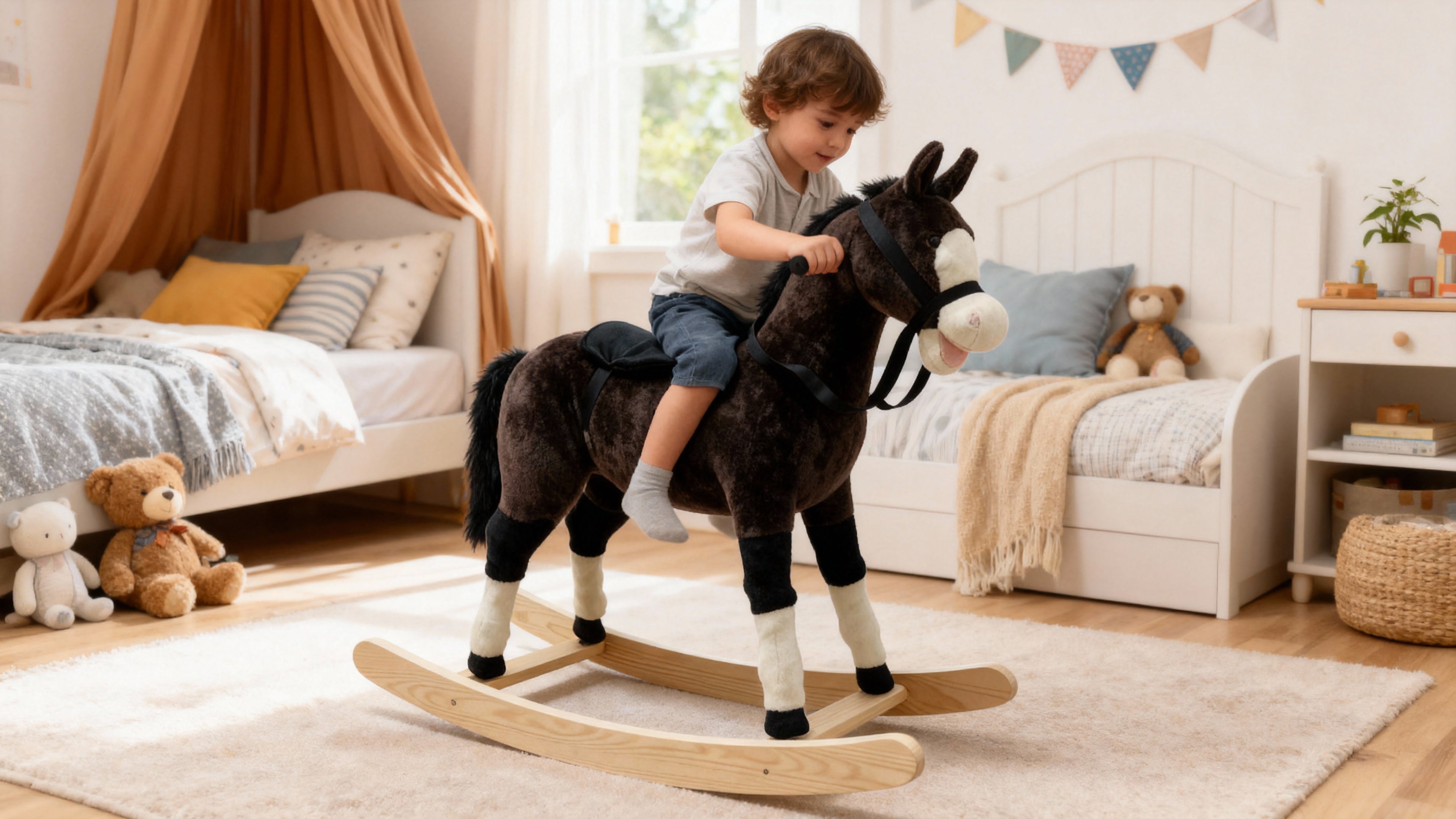Cheval à bascule “Teddy” – Compagnon de jeu en peluche douce
