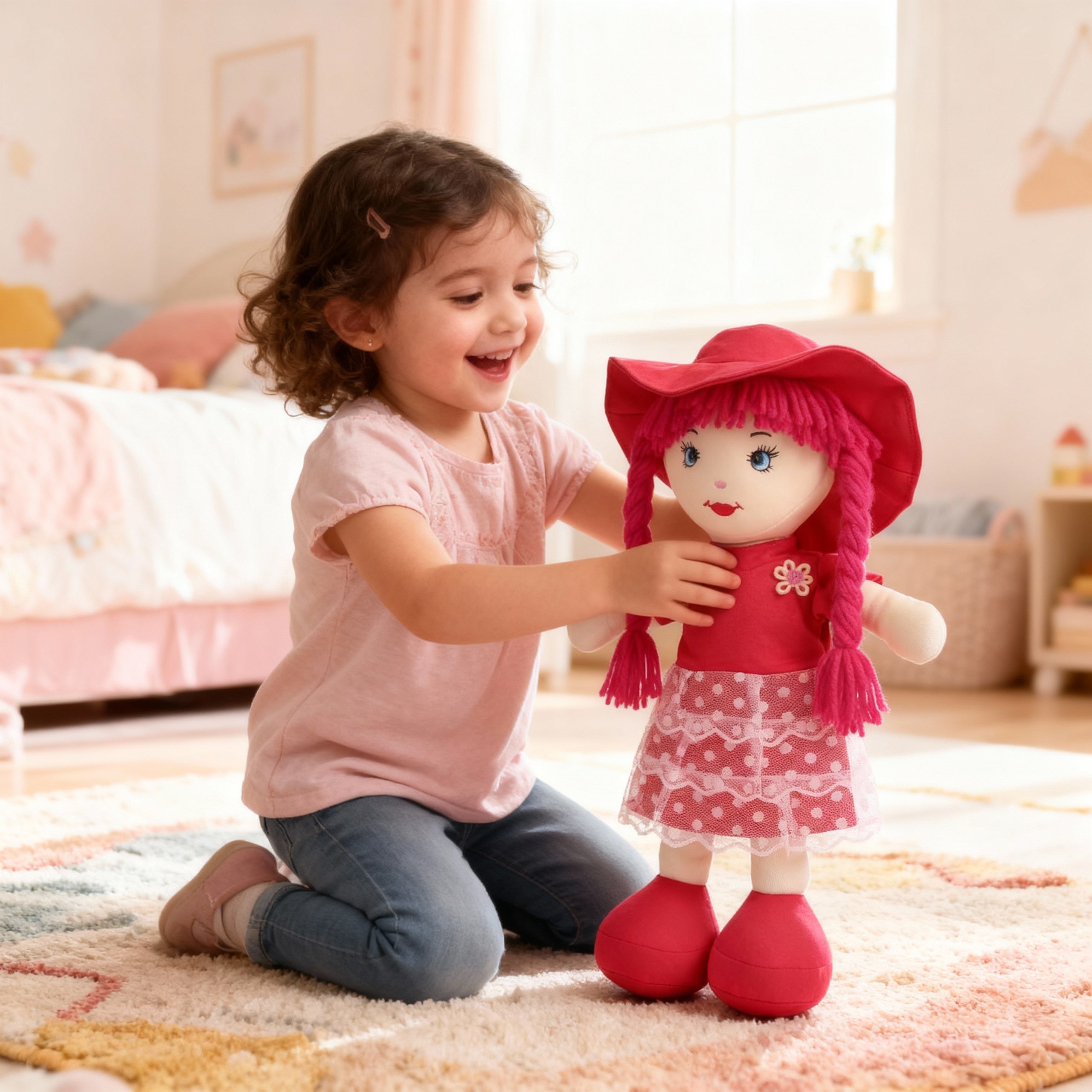 Poupée douce “Camélia” en tissu rouge