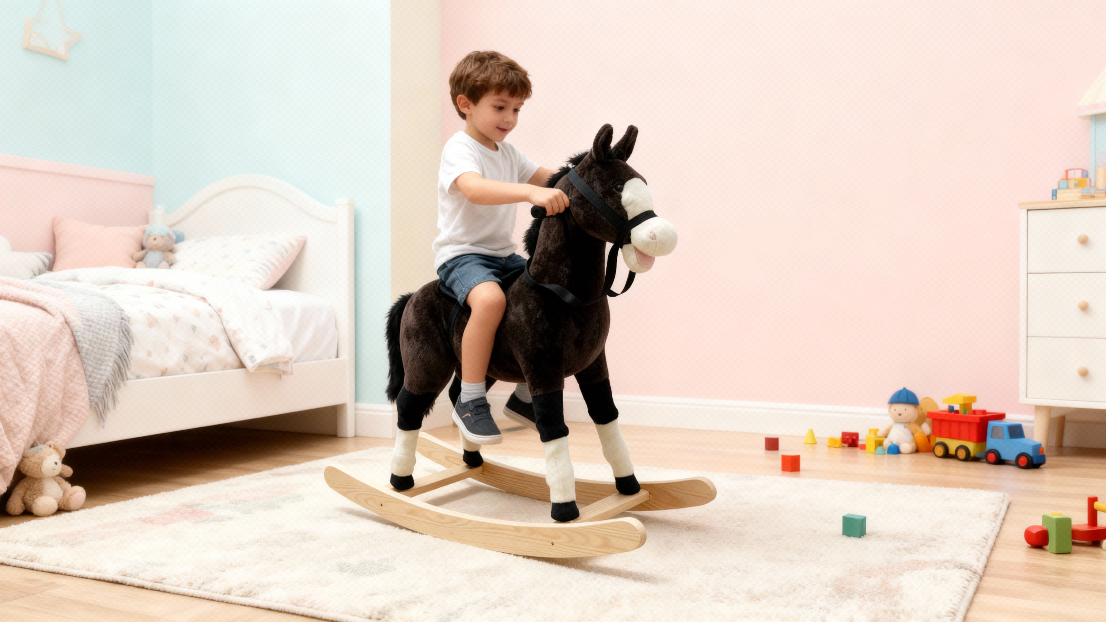 Cheval à bascule “Teddy” – Compagnon de jeu en peluche douce