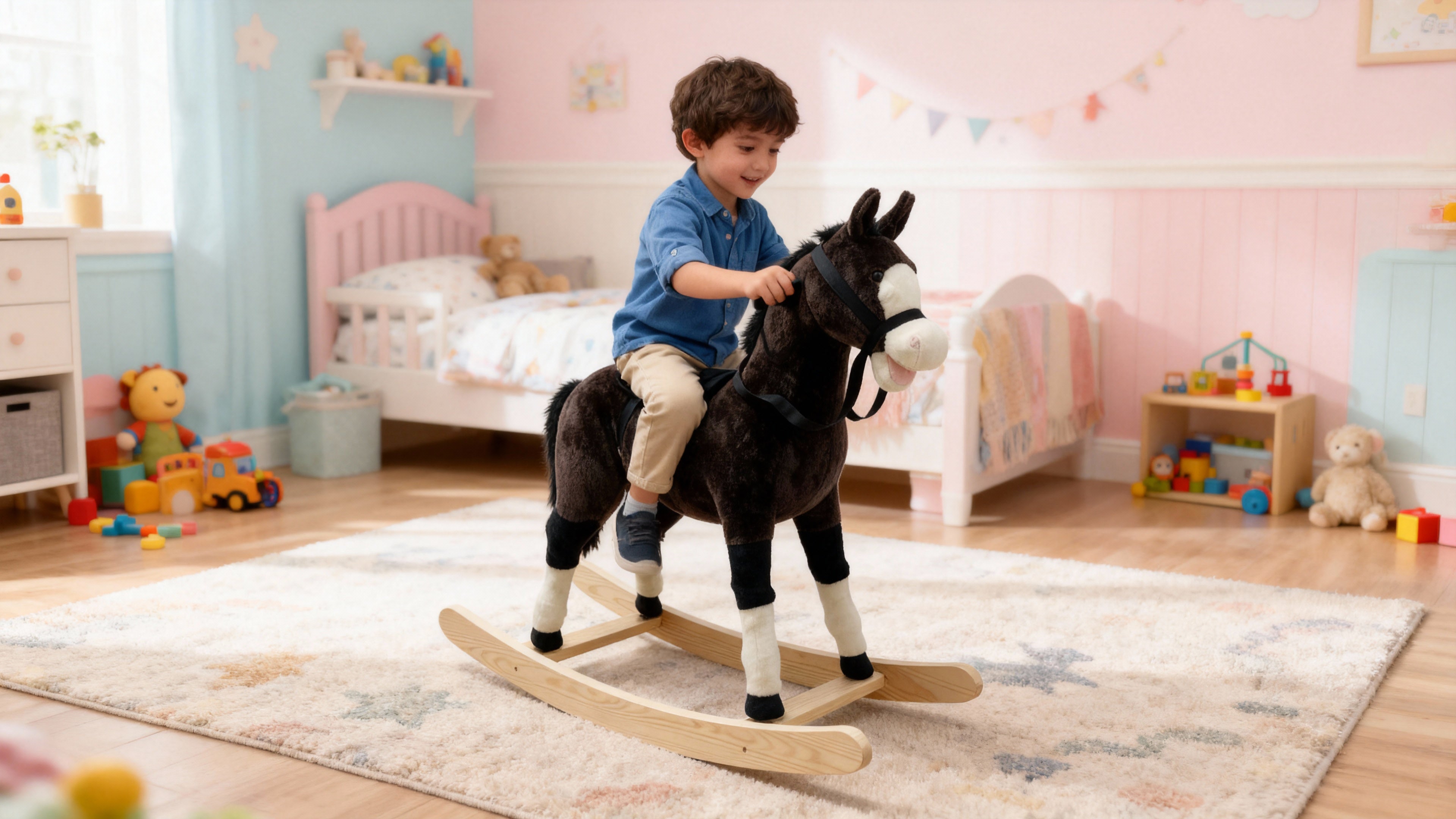 Cheval à bascule “Teddy” – Compagnon de jeu en peluche douce