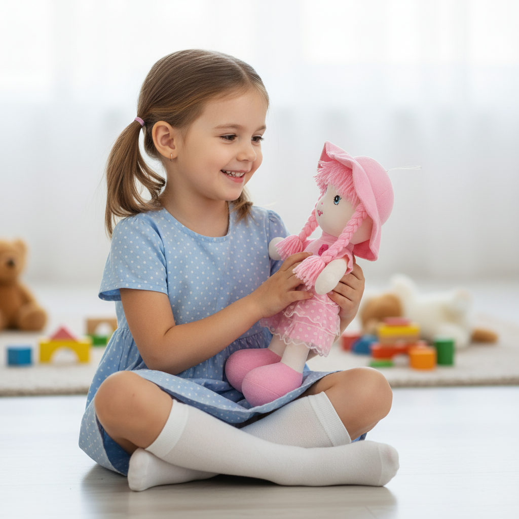 Poupée douce “Léonie” en tissu rose