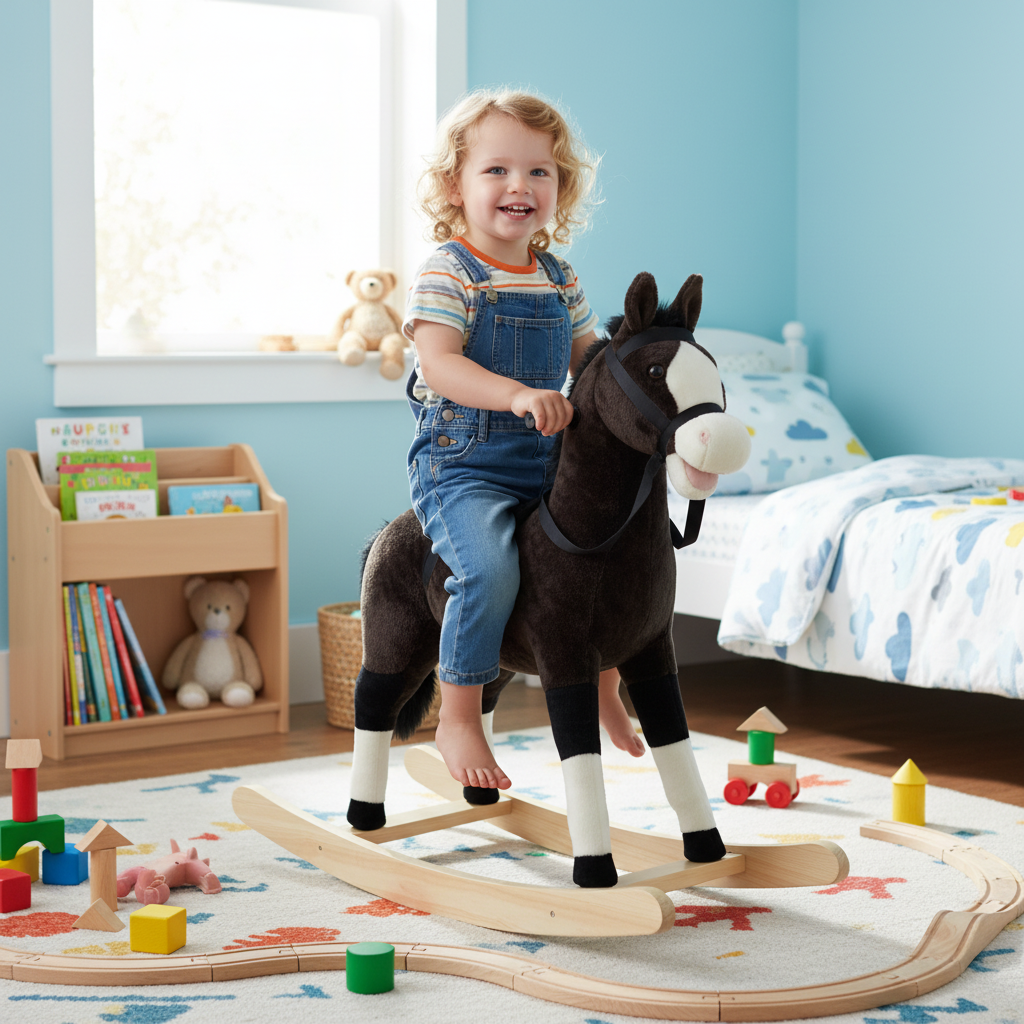 Cheval à bascule “Teddy” – Compagnon de jeu en peluche douce
