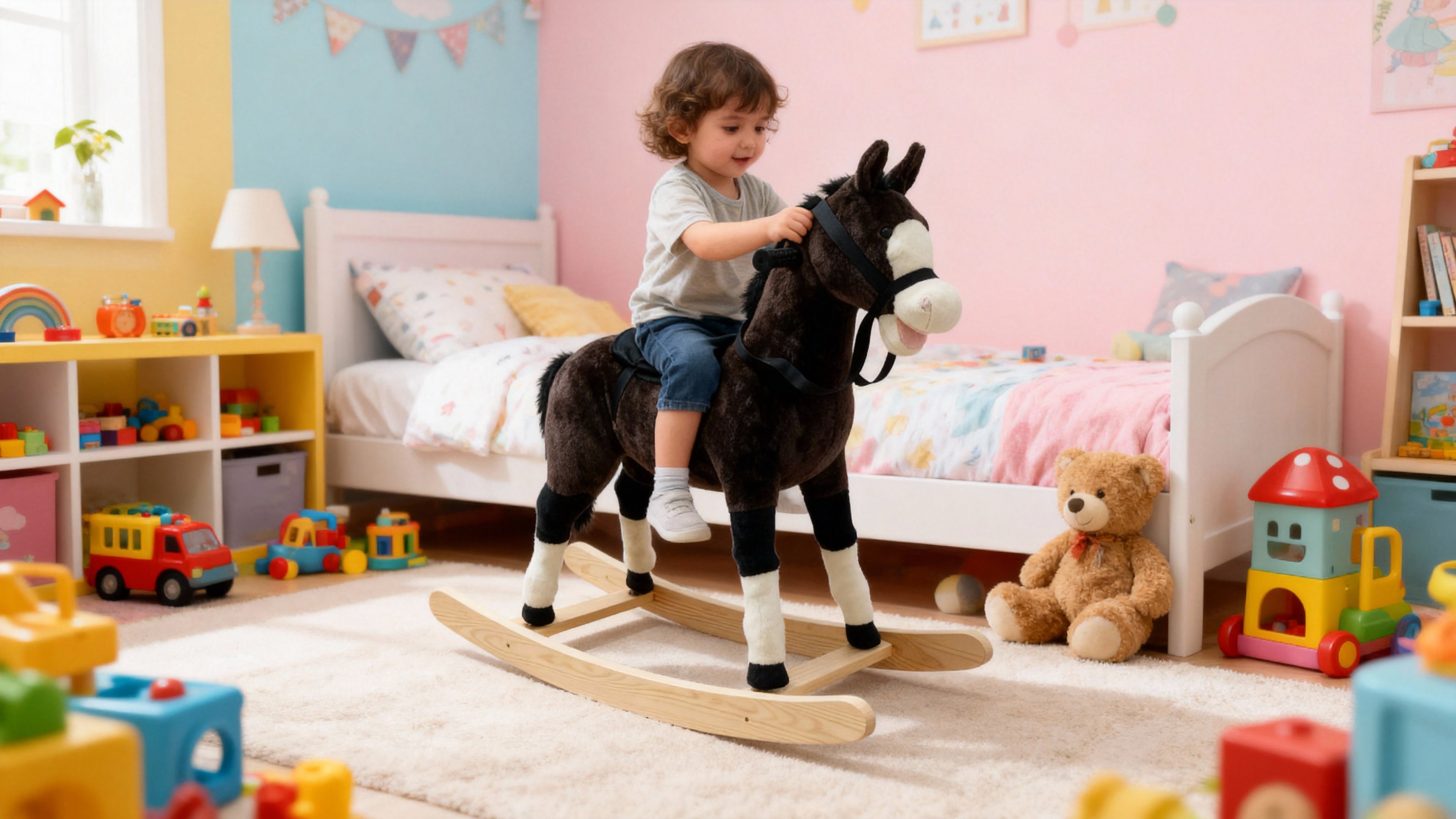 Cheval à bascule “Teddy” – Compagnon de jeu en peluche douce