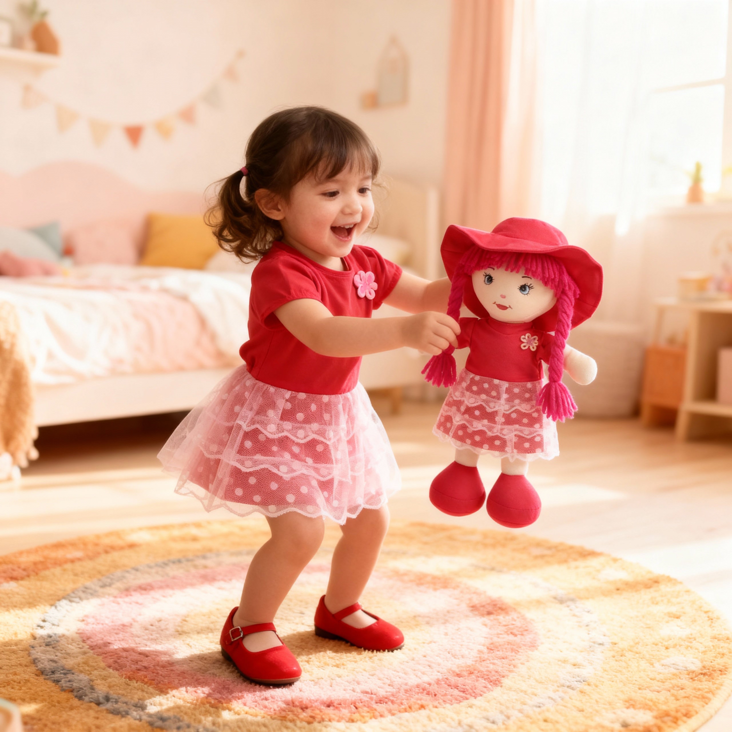 Poupée douce “Camélia” en tissu rouge